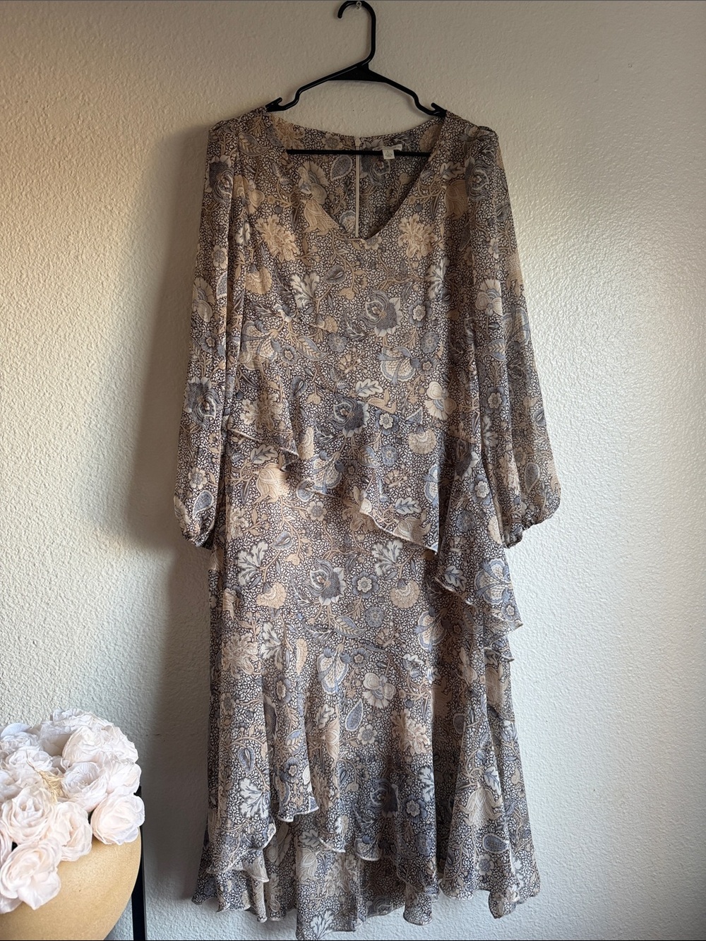 CATO Boho Paisley Floral Tiered Ruffle Midi Dress Long Sleeve V-Neck size L